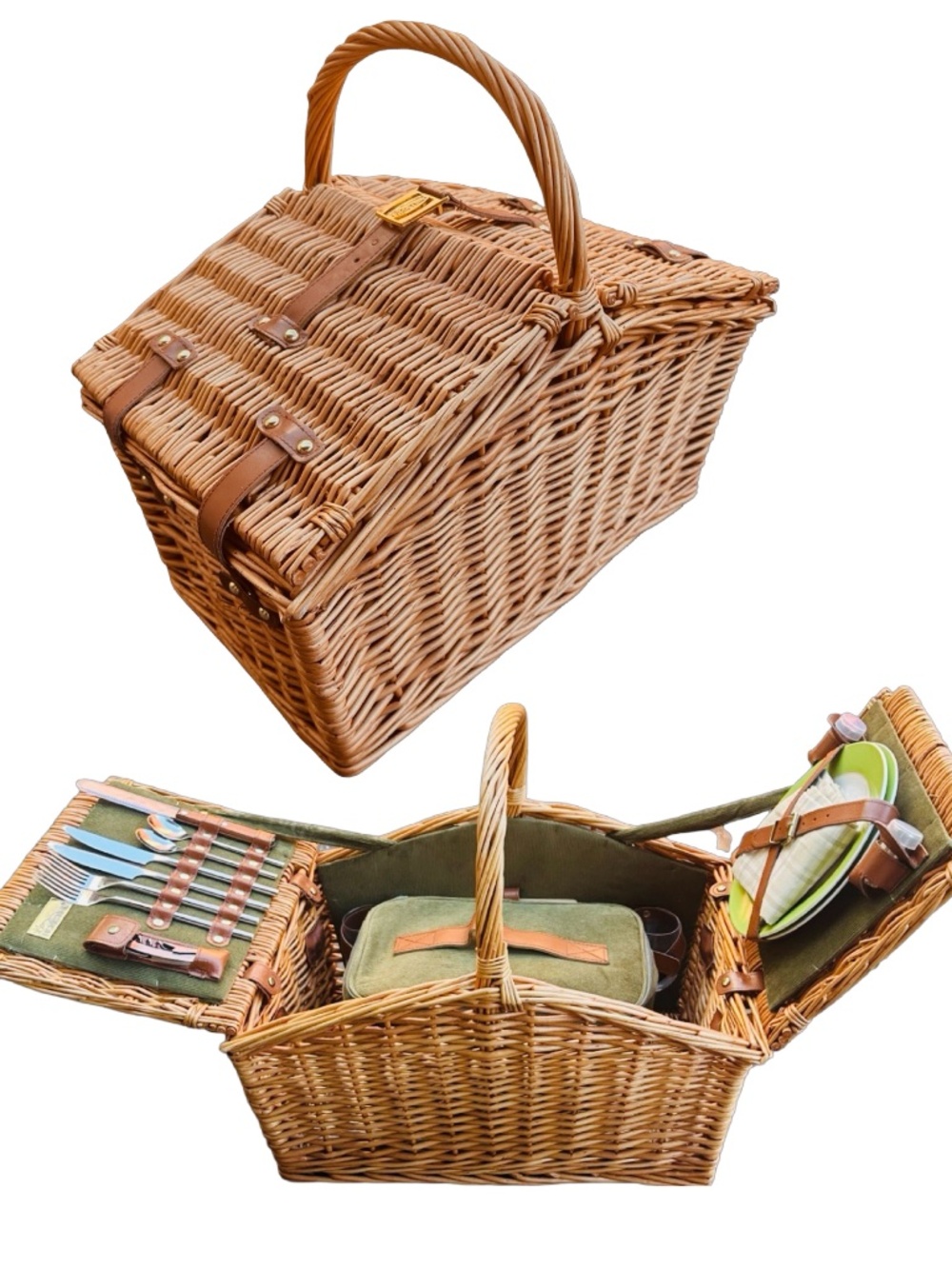 PICNIC TIME Deluxe Wicker Picnic Basket for Two Complete w/ Wine Glasses Summer